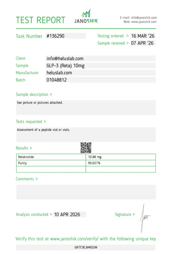 COAs 1 certificate of analysis coa Ratatrutide 10mg GLP-3 reta peptide eu laboratory janoshik