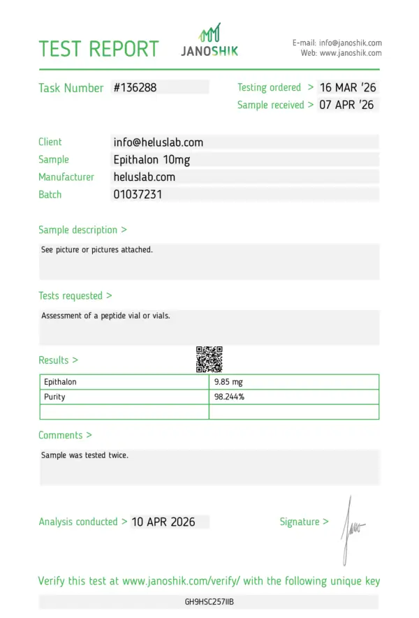 COAs 8 07 04 2026 Epithalon 10mg Janoshik Batch 01037231
