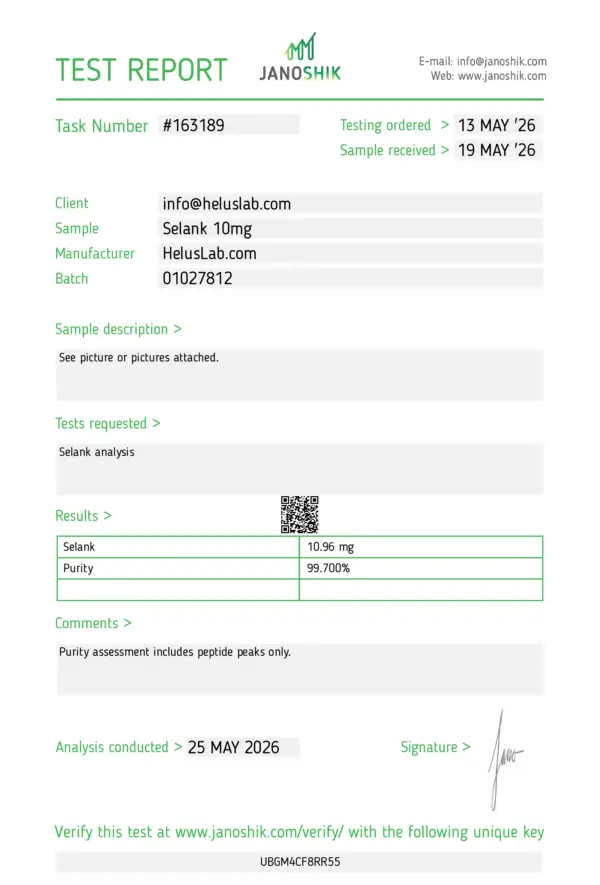 19 05 2026 Selank 10mg 1vial Janoshik Batch 01027812