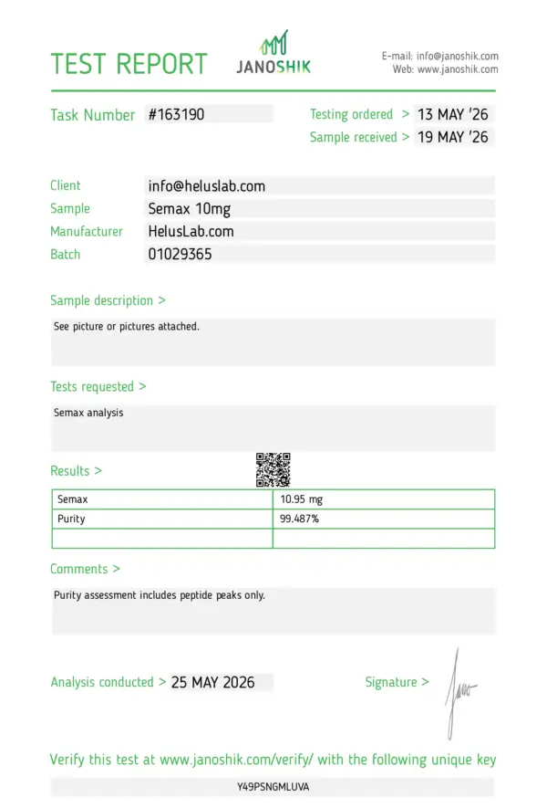 19 05 2026 Semax 10mg 1vial Janoshik Batch 01029365